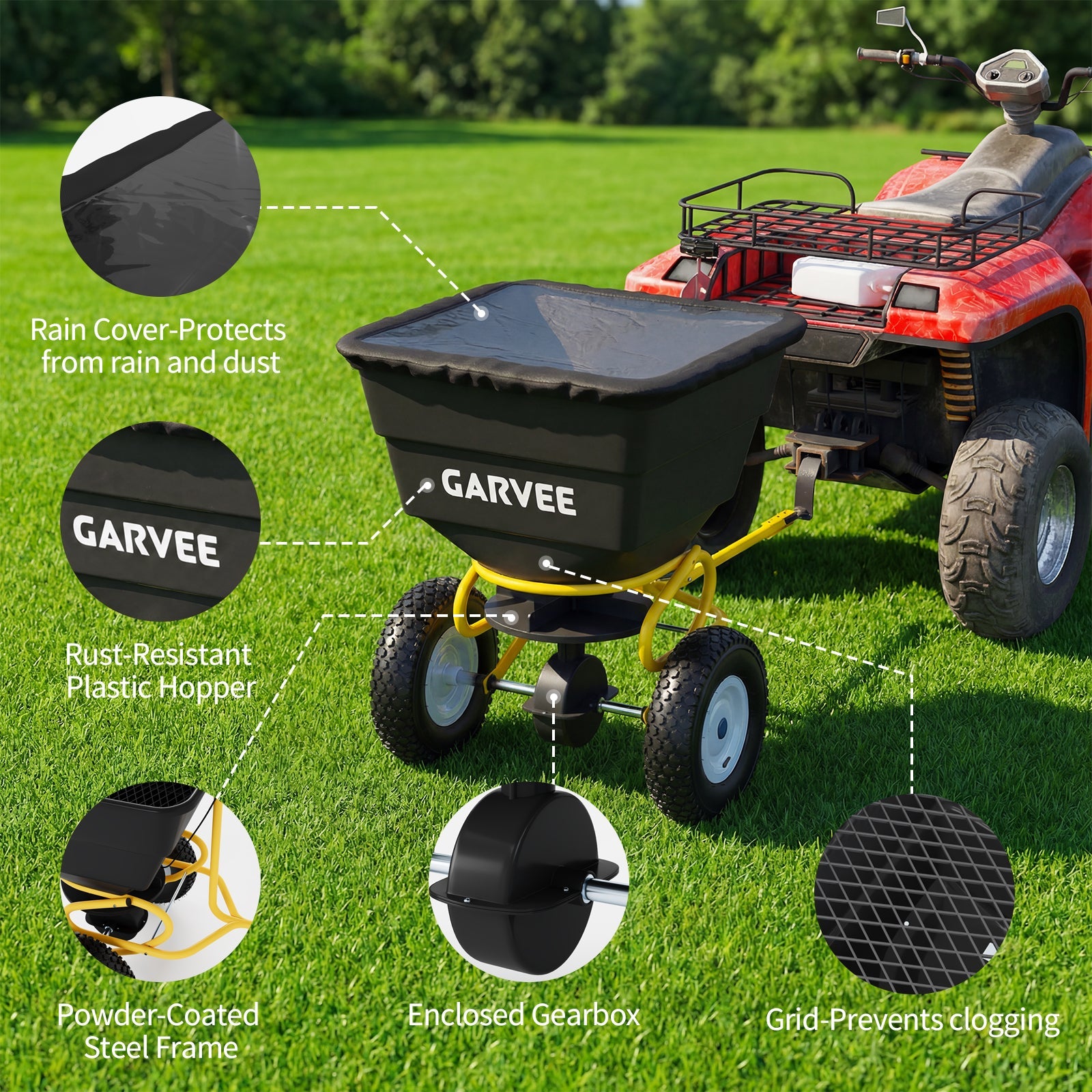 Garvee Tow-Behind Broadcast Spreader, 110 lbs Capacity with 10-Inch Pneumatic Tires, Universal Hitch and Feeder Cover for Seed, Fertilizer and Salt, Yellow
