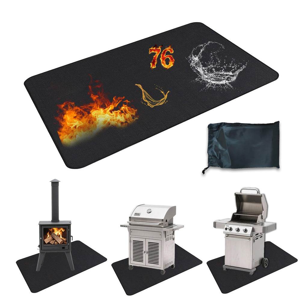 Garvee Double-Sided Fireproof Grill Mat - Heavy Duty Waterproof & Oil-Proof Deck Protector for Outdoor BBQ, Fire Pit, Patio & Fireplace - Durable Floor Mat, Black, 76 x 48 inch