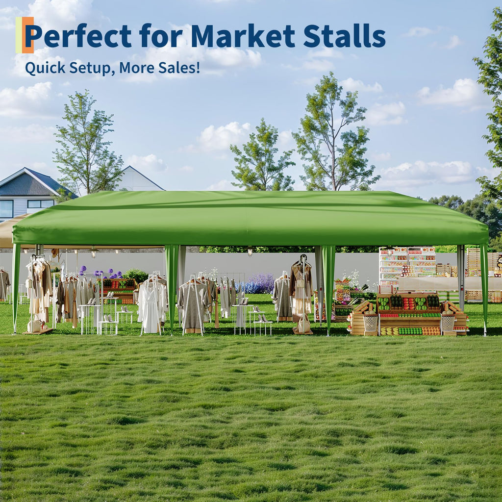Garvee 10 x 30 FT Pop Up Canopy Tent with 8 Sidewalls, UV 50+ 210D Oxford Top, 8 Sandbags & Wheeled Bag for Weddings and Parties, Green