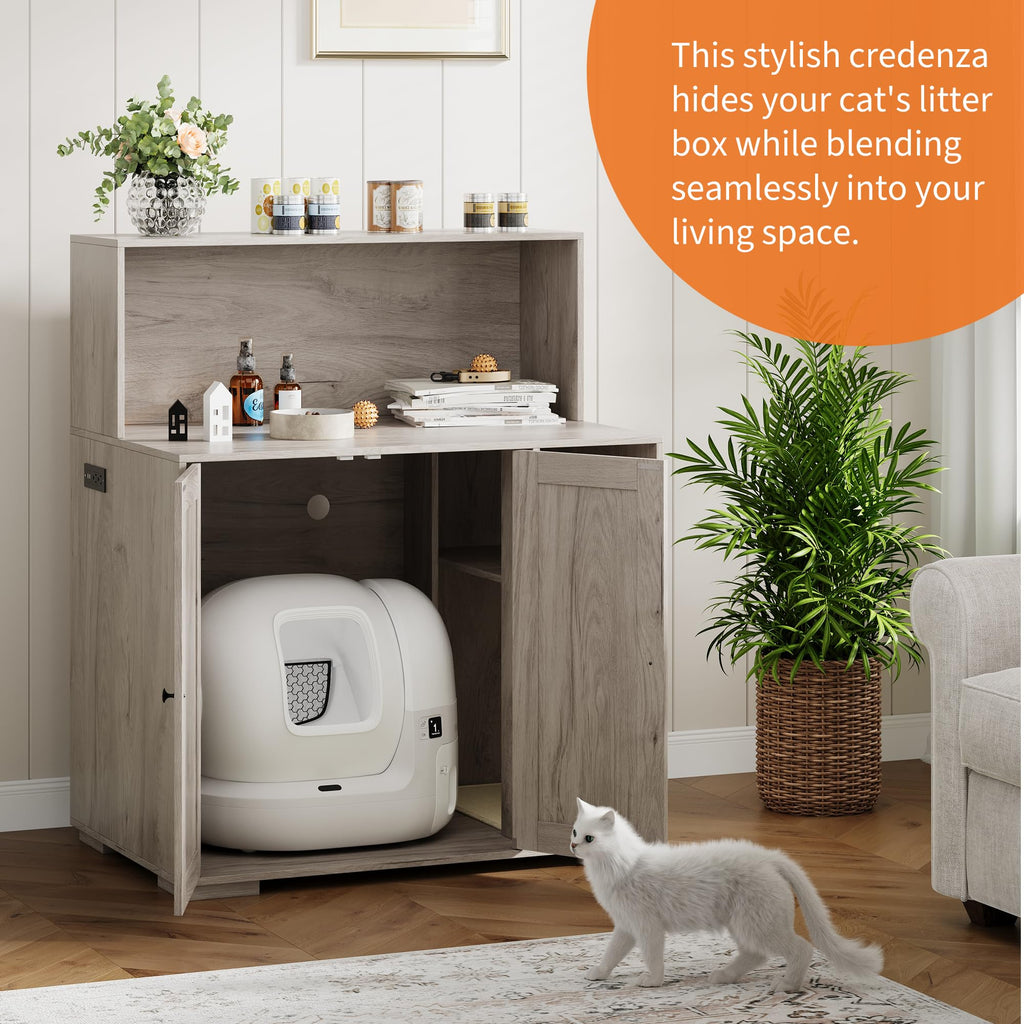 Garvee Dog-Proof Large Cat Litter Box Enclosure with Scratch Pad, Large Automatic Litter Box Furniture for Placing Self-Cleaning Litter Box,Litter Cabinet with Outlet ,Space for Cat Stuffs