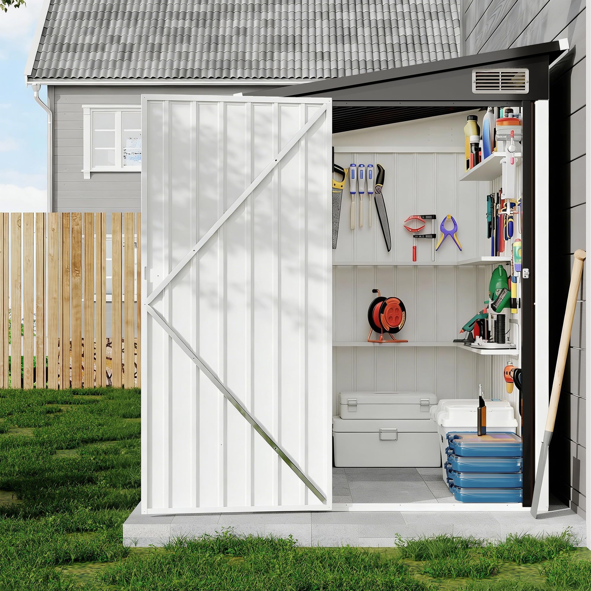 Garvee 4x8 FT Outdoor Storage Shed, Metal Lean to Garden Shed Utility Tool Storage House, Heavy-Duty Outdoor Metal Wall Side Storage Sheds - White