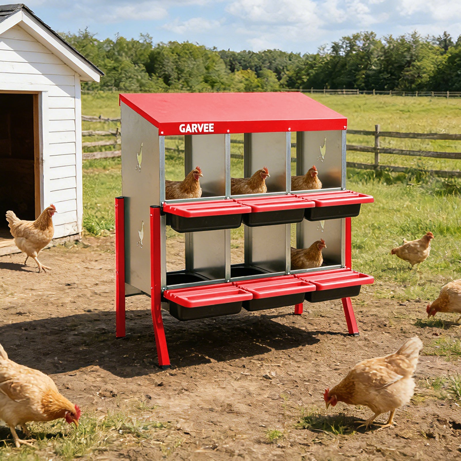 Garvee 6 Compartment Metal Chicken Nesting Box – Soft Cushion, Easy-Clean, Roll Away Egg Collection, Ventilated Design for Outdoor Chicken Coop, Rabbit, Duck – Red with Chicken Design – Size: 6 Compartments, Color: Red (Side Chicken Design)