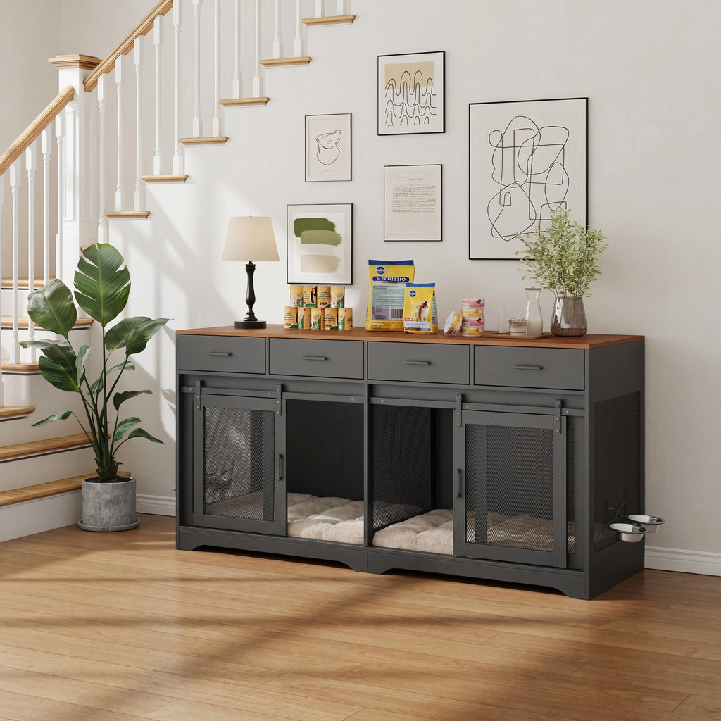 Garvee Multi-Functional Dog Crate Furniture for Medium/Large Dogs – 71'' Indoor Kennel Cage with 4 Sliding Doors, 4 Drawers & Feeding Bowls – Furniture-Style, Walnut+Black – US Spec, Color: Walnut+Black