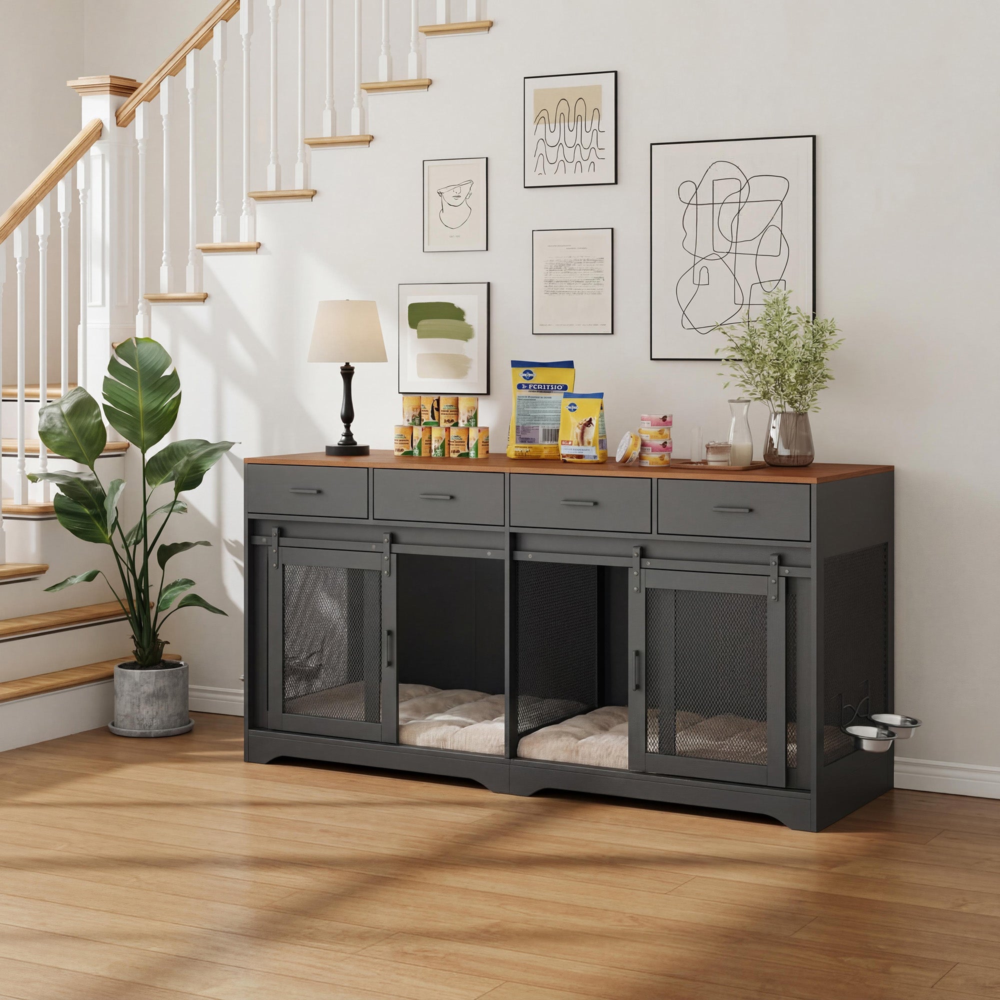 Garvee Multi-Functional Dog Crate Furniture for Medium/Large Dogs – 71'' Indoor Kennel Cage with 4 Sliding Doors, 4 Drawers & Feeding Bowls – Furniture-Style, Walnut+Black – US Spec, Color: Walnut+Black
