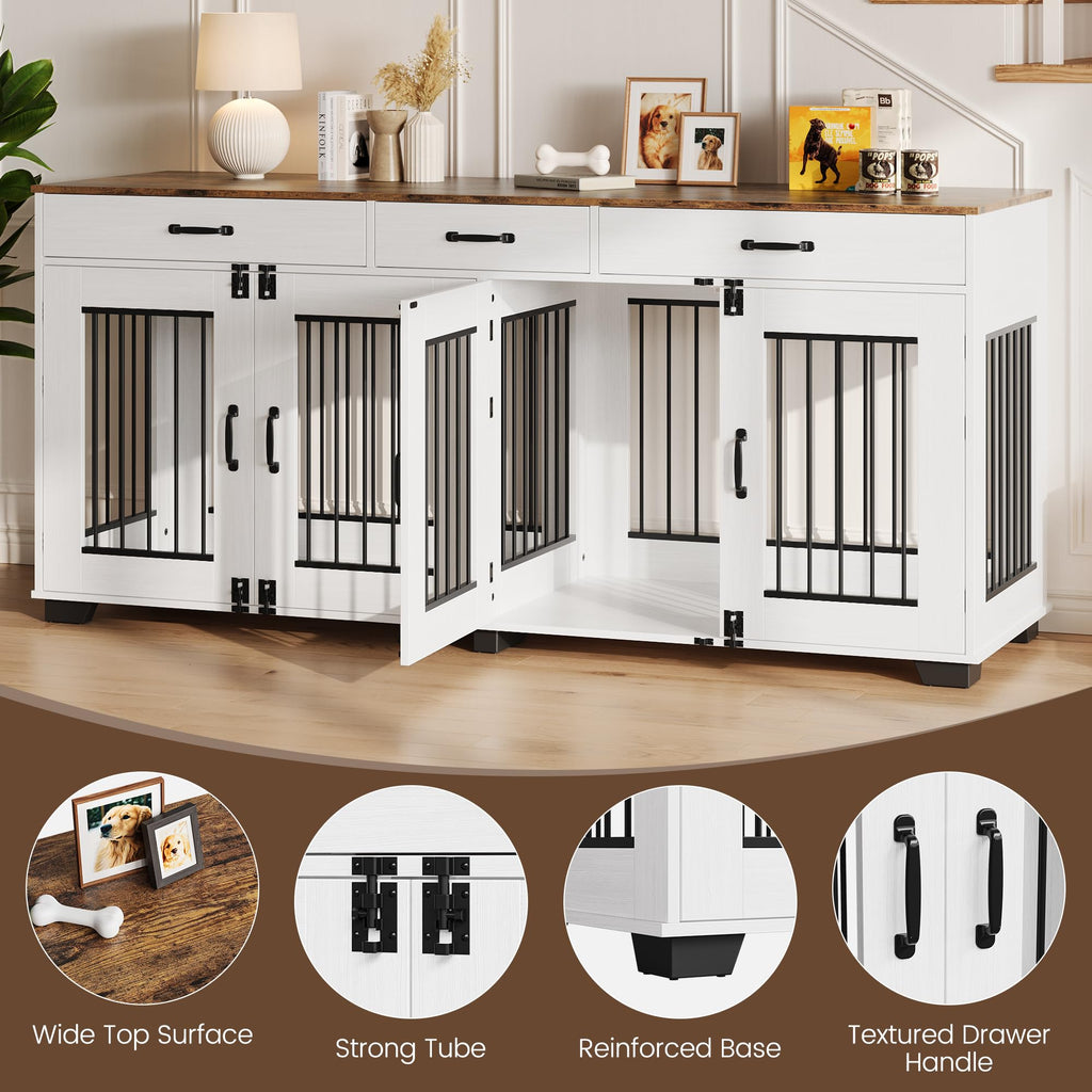 Garvee 71-Inch Large Dog Crate with Divider and 3 Drawers, Spacious Wooden Indoor Kennel, Double Doors with Locks, Brown & White, for Medium Large Dogs, Home Use