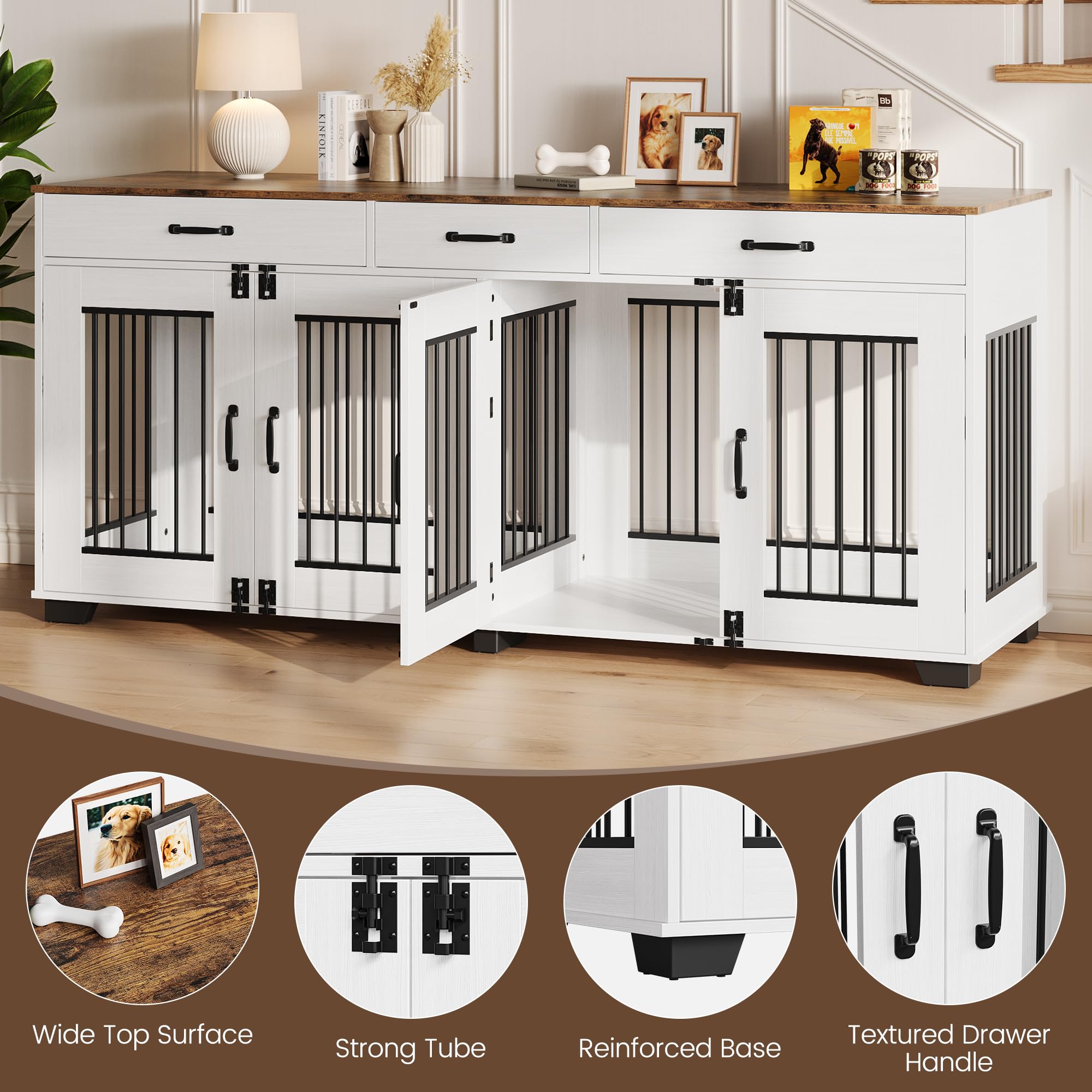 Garvee 71-Inch Large Dog Crate with Divider and 3 Drawers, Spacious Wooden Indoor Kennel, Double Doors with Locks, Brown & White, for Medium Large Dogs, Home Use