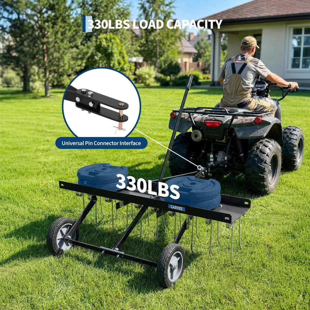 Garvee 48" Tow Behind Lawn Dethatcher, 24 Spring Steel Tines with 330 lb Ballast Tray for Large Yards