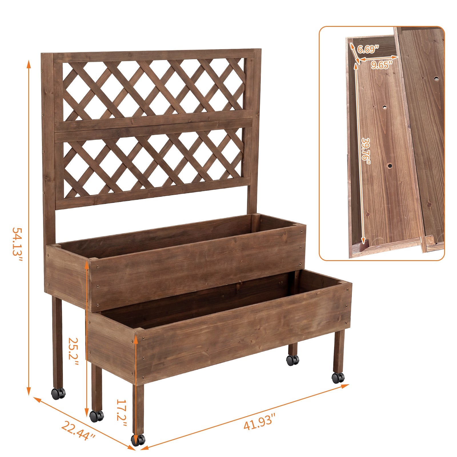 Garvee Raised Garden Bed with Trellis, 2-Tier Brown Wooden Planter on Wheels with Legs and Drainage Holes for Patio, Balcony and Backyard Gardening