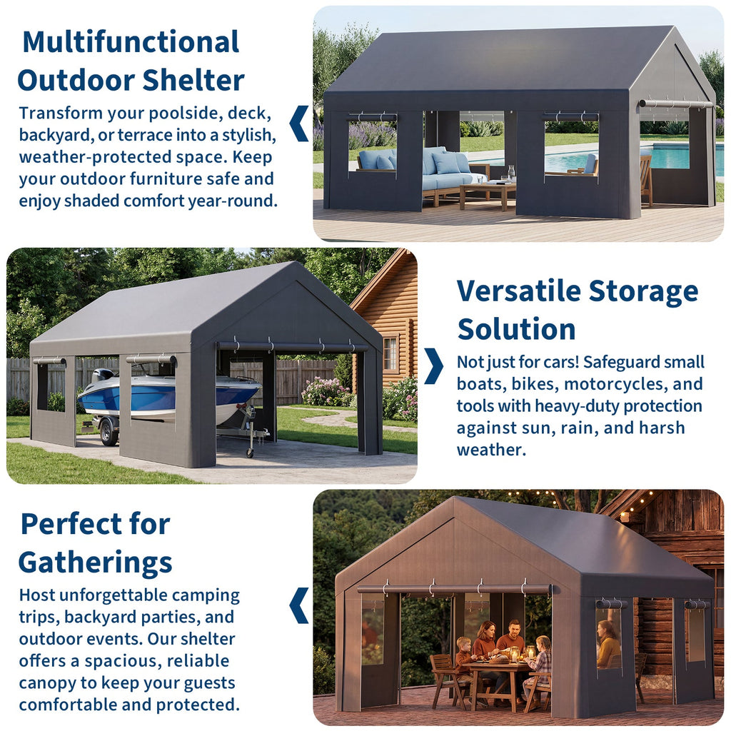 Garvee Portable Carport, 12 x 20 FT White Vehicle Shelter with Galvanized Steel Frame, 4 Roll-Up Doors and 4 Vent Windows for Cars, Trucks and Boats