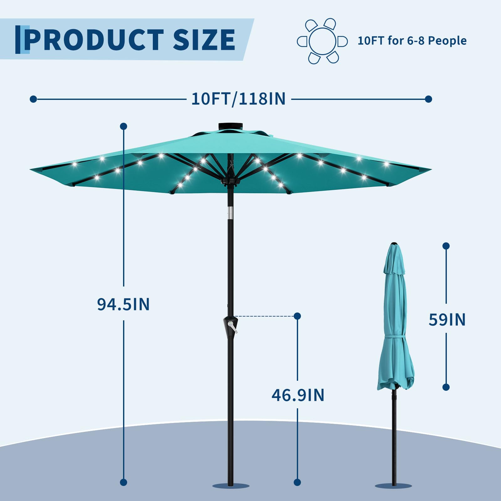 Garvee 10 ft Solar Patio Umbrella with 32 LED Lights, Outdoor Market Umbrella with Crank Lift & Tilt, UV-Resistant Canopy for Pool, Garden & Backyard, Sky Blue