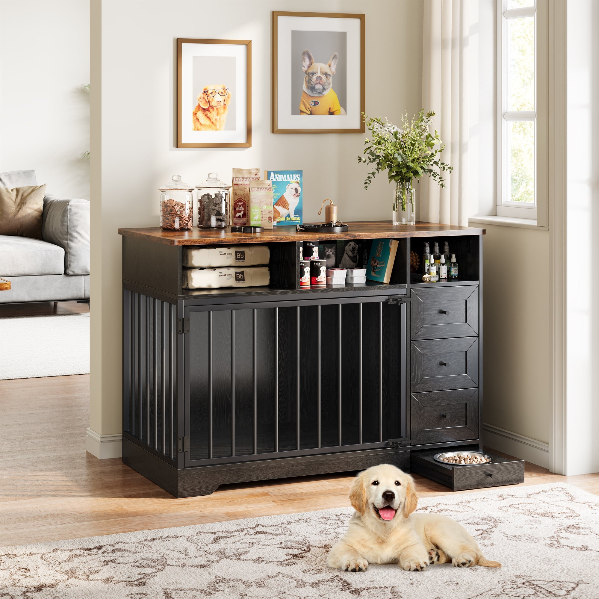 Garvee 48" Dog Crate Furniture with Bowls, Heavy Duty Dog Kennel End Table with 3 Storage Drawers, Locking Door, Farmhouse Style Pet Crate Cabinet for Medium Small Dogs, Black