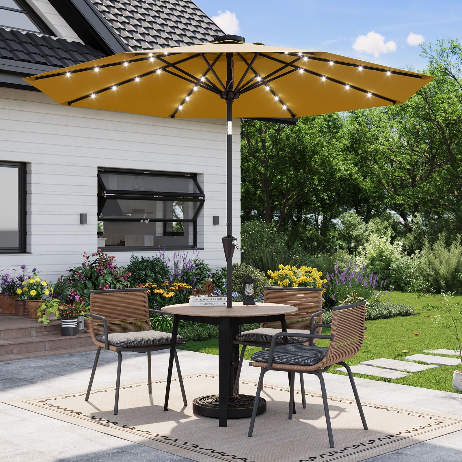 Garvee 10 ft Solar Patio Umbrella with 32 LED Lights, Outdoor Market Umbrella with Crank Lift & Tilt, UV-Resistant Canopy for Pool, Garden & Backyard, Yellow