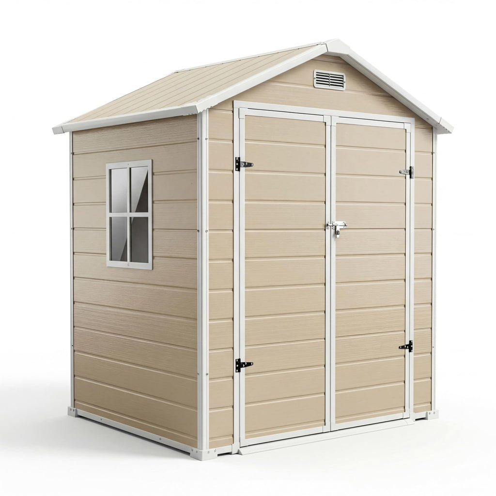 Garvee Heavy-Duty Resin Outdoor Storage Outdoor Storage 6x4 FT with Floor, Window, Lockable Double-Wall Door, Sloped Roof – Waterproof, Weather-Resistant – Garden Storage for Patio, Lawn Mower, Bikes, Tools – Light Brown
