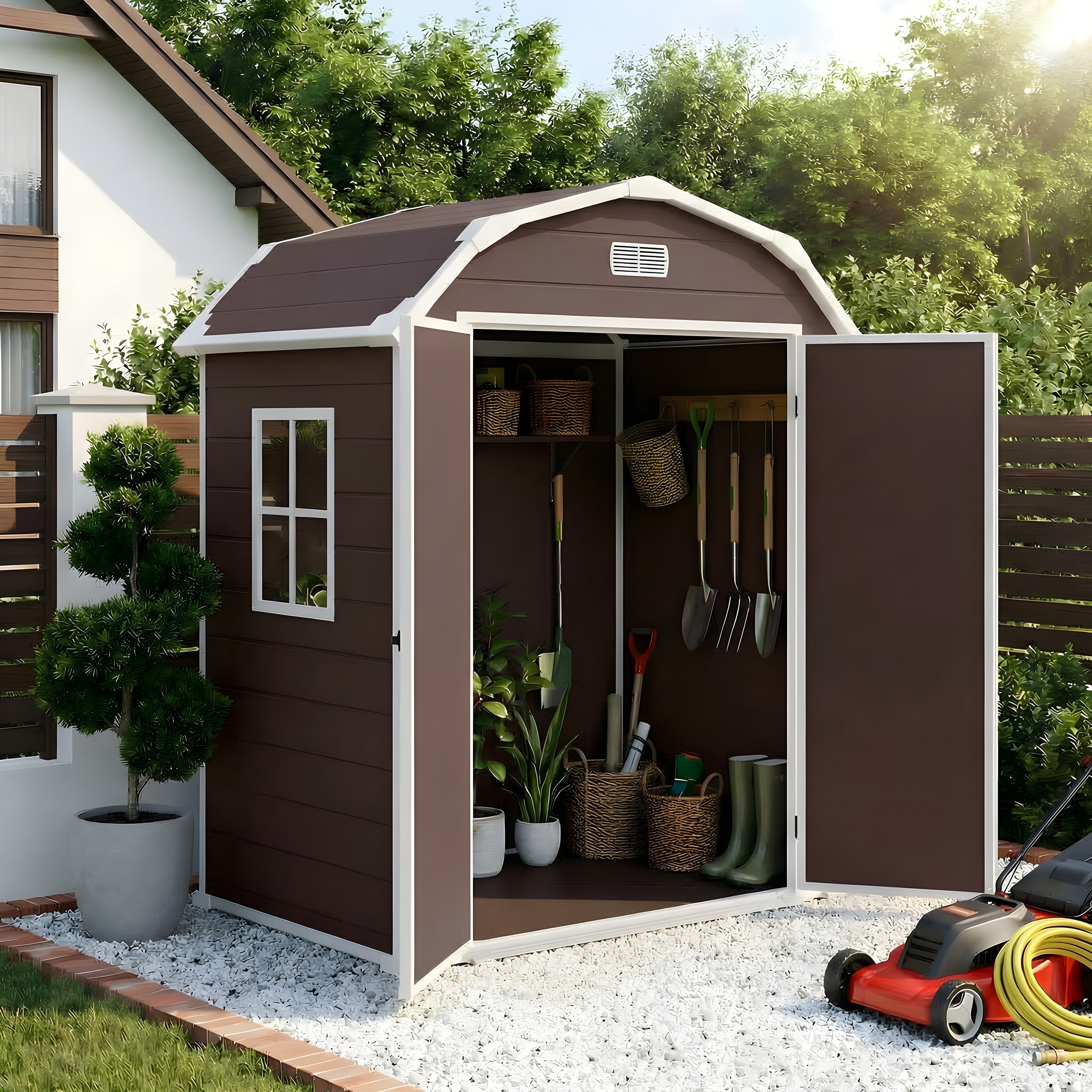 Garvee 6×4.5FT Resin Outdoor Storage Shed, Waterproof Garden Tool Shed with Floor, Window, Vents, Lockable Door & Ramp, UV-Resistant Patio Storage House for Backyard, Brown