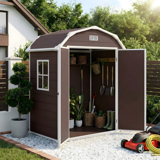 Garvee 6×4.5FT Resin Outdoor Storage Shed, Waterproof Garden Tool Shed with Floor, Window, Vents, Lockable Door & Ramp, UV-Resistant Patio Storage House for Backyard, Brown