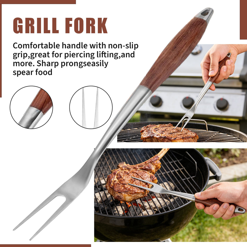 Garvee Heavy Duty Stainless Steel BBQ Grill Tool Set, 3-Piece with Heat Resistant Pear Wood Handles – Slotted Serrated Spatula, Meat Fork, Locking Tongs – Non-Slip Outdoor Grill Accessories for Barbecue, Camping – Color: Pear wood