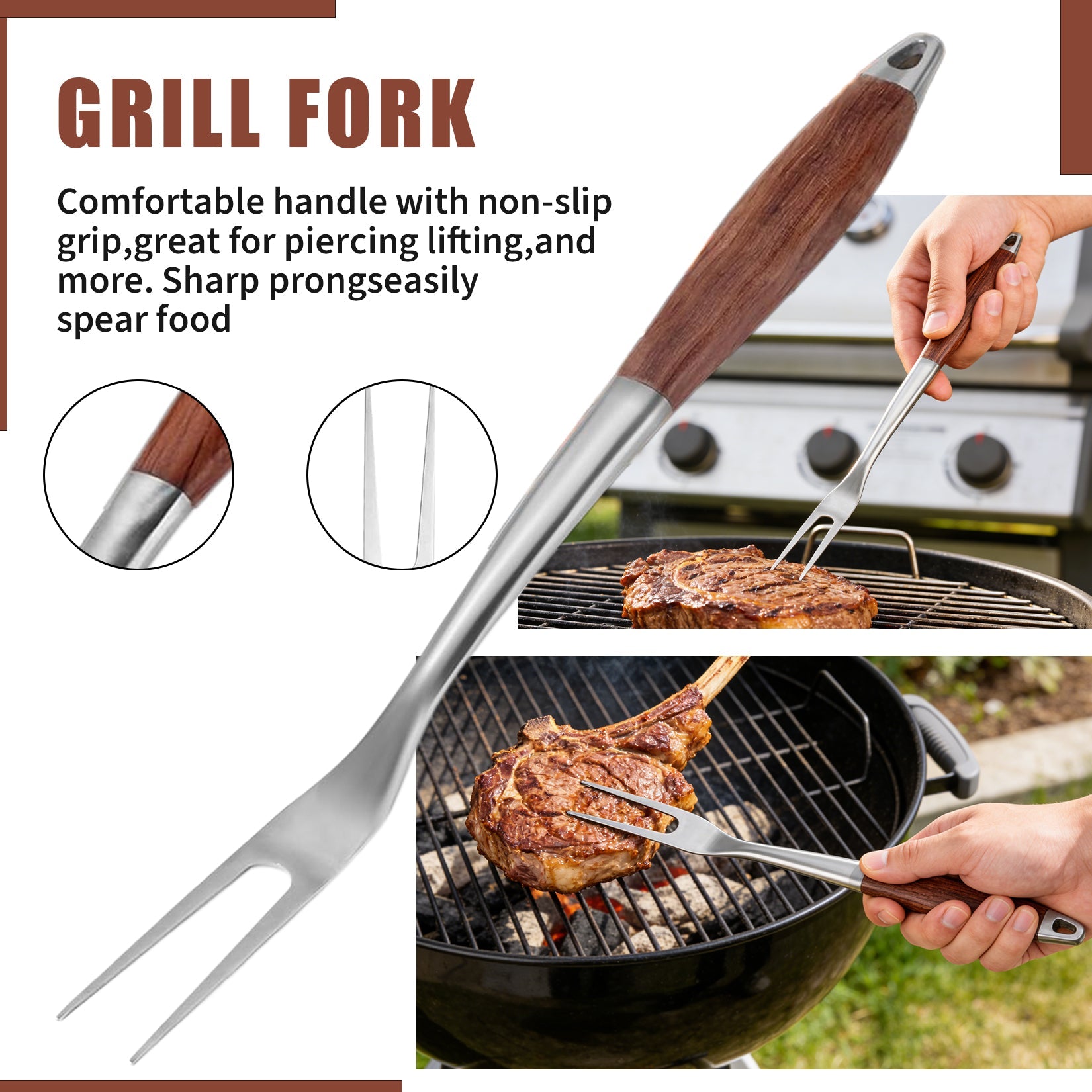 Garvee Heavy Duty Stainless Steel BBQ Grill Tool Set, 3-Piece with Heat Resistant Pear Wood Handles – Slotted Serrated Spatula, Meat Fork, Locking Tongs – Non-Slip Outdoor Grill Accessories for Barbecue, Camping – Color: Pear wood