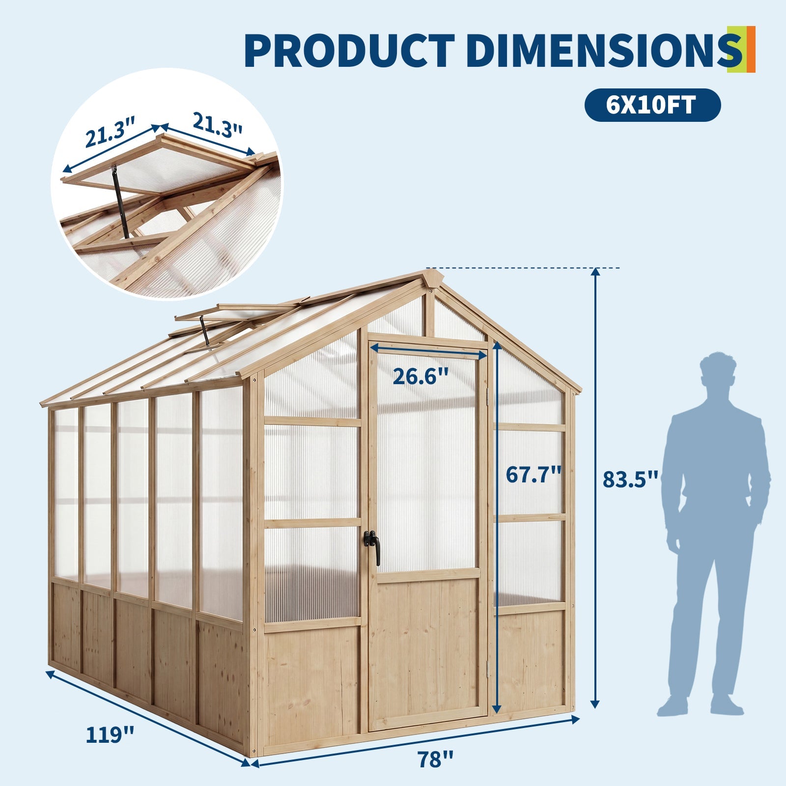 Garvee 6' x 10' Wooden Walk-In Greenhouse Kit, Outdoor Green House with Natural Spruce Wood Frame, Polycarbonate Panels, Ventilated Windows & Lockable Door for Garden, Backyard, Patio & Lawn