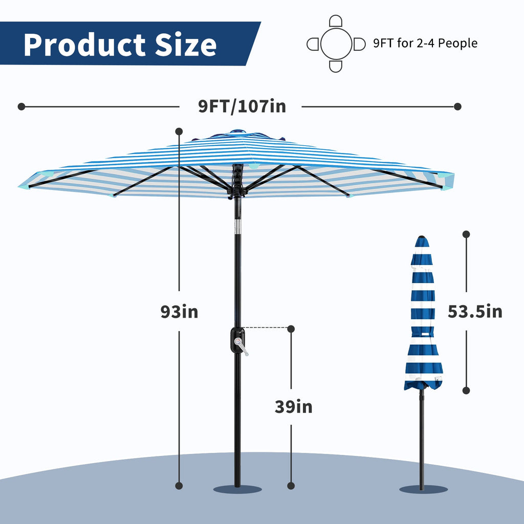 Garvee 9 ft Outdoor Patio Umbrella with 8 Sturdy Ribs, Crank Lift, Push-Button Tilt & UV-Resistant Waterproof Canopy for Pool, Deck, Yard & Garden, Blue & White Stripes