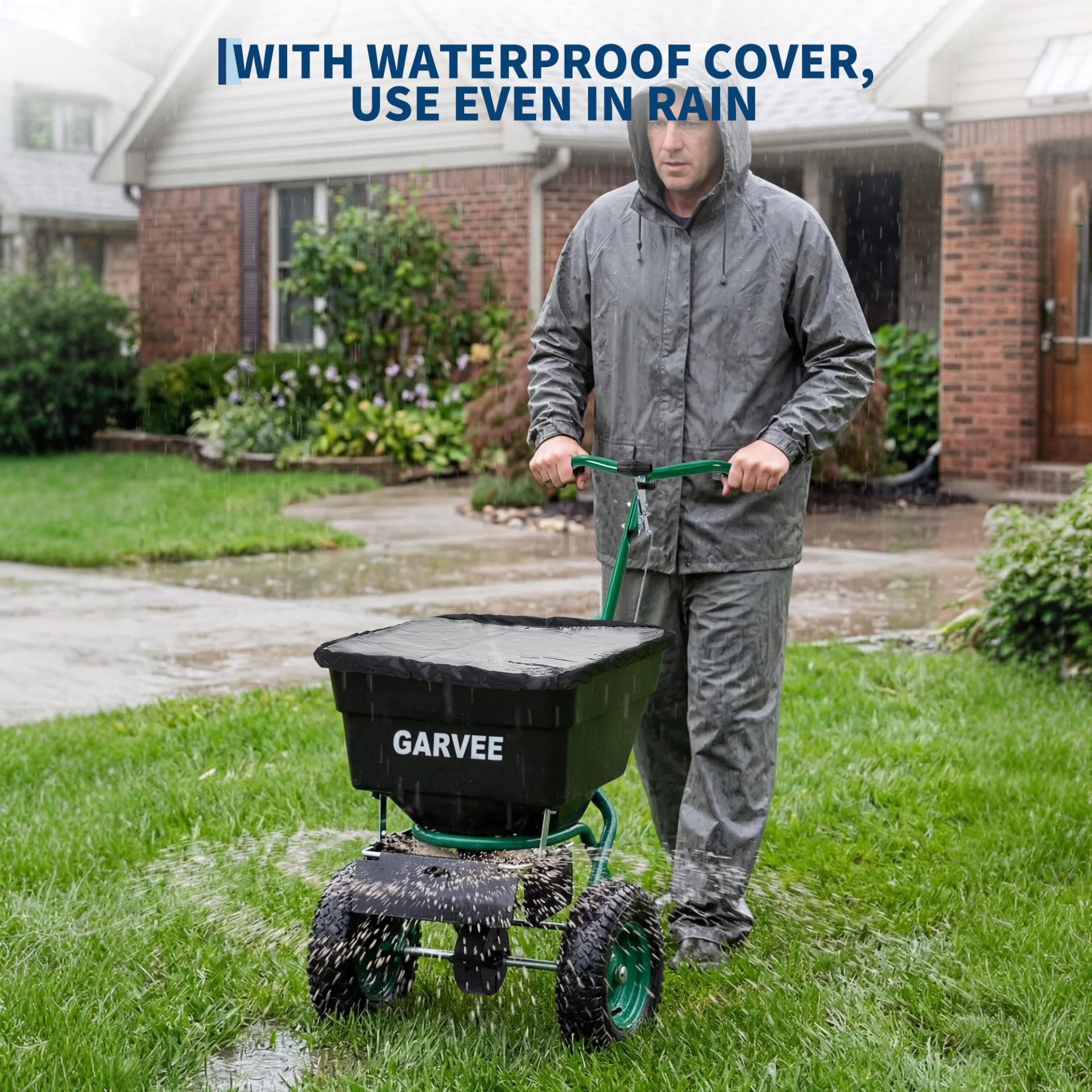 Garvee 100 lb Push Broadcast Spreader with 12' Spread Width, Adjustable Drop Rate, 10" Pneumatic Tires, Rain Cover & Gloves for Seed, Fertilizer, Salt and Ice Melt, Black & Dark Green