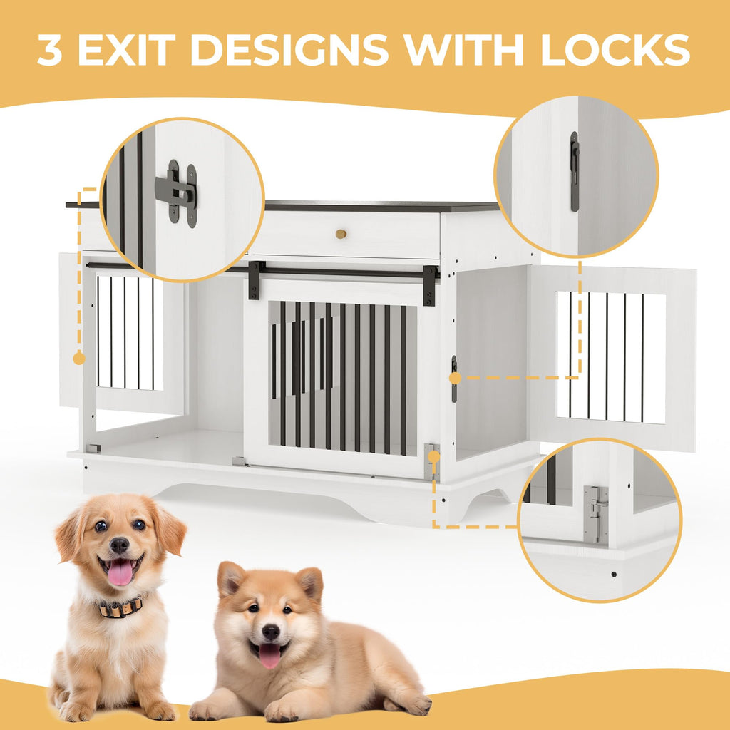 Garvee 47 in Dog Furniture Crate, Large Furniture Style Dog Crate w/ 2 Storage Draws & Removable Divider & Triple Door Design for Large/Medium/Small Dogs, White+Brown Table Top
