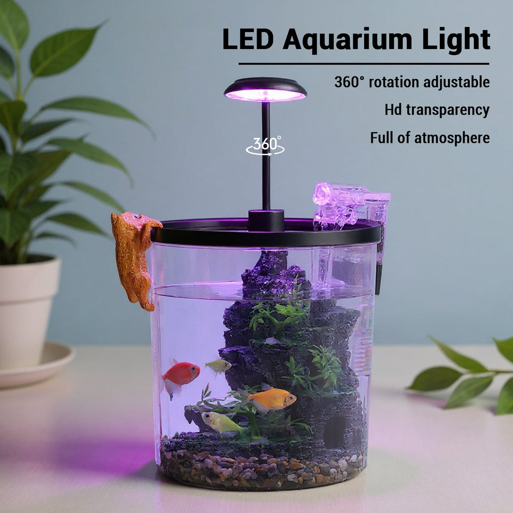 Garvee Mini Desktop Fish Tank Kit – 1.5/2.3/2.5 Gallon Plastic Aquarium Starter Set with Silent Filter, LED Light & Oxygen Generator – Ideal Betta & Goldfish Tank for Home/Office – Black (Round Desktop Landscape Tank Deluxe Edition)