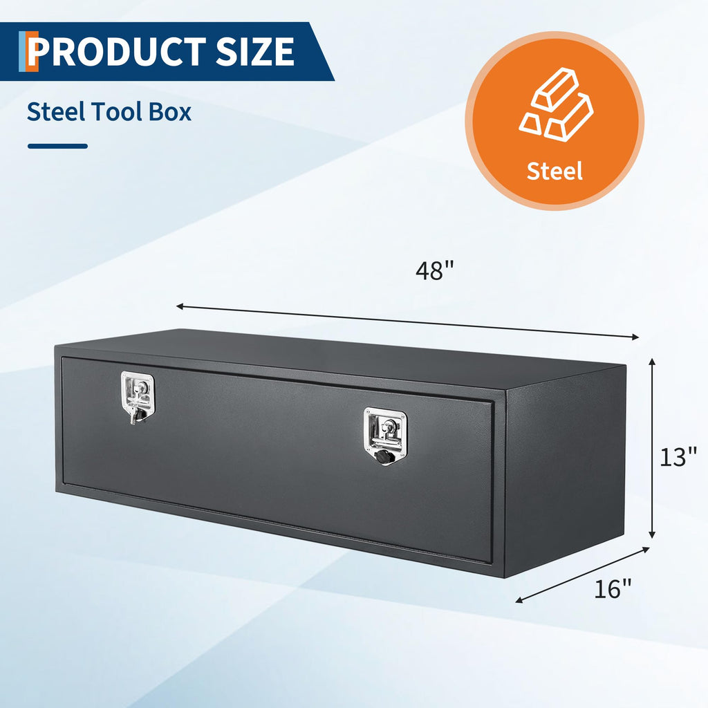 Garvee 48 x 16 x 13 in Black Steel Underbody Truck Tool Box with T-Handle fastener – Heavy Duty Weather-Resistant Storage Chest for Pickup Truck Bed, RV, Trailer, Black Base Silver Flower Spray Plastic, Underbody Tool Box