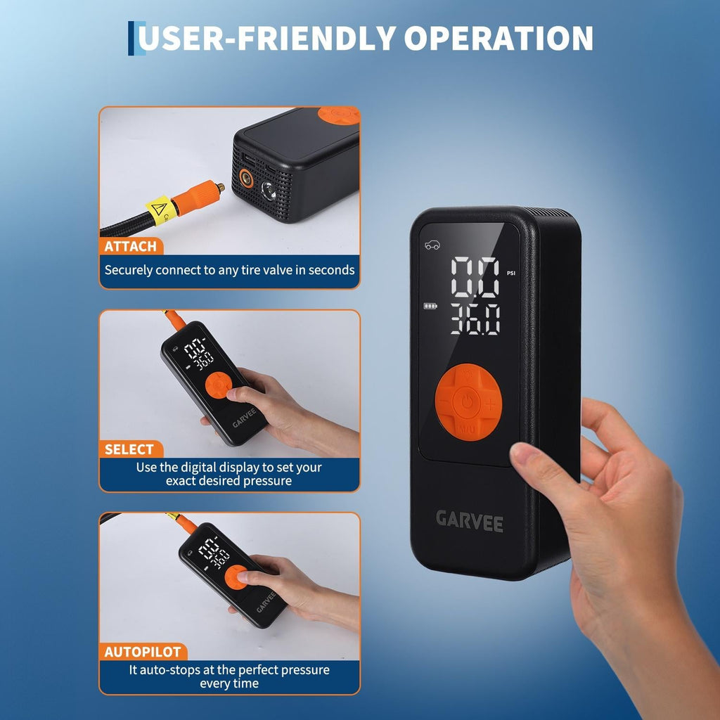 Garvee 150 PSI Cordless Tire Inflator Air Compressor, 4000mAh Rechargeable Portable Pump with Digital Pressure Gauge, Auto Shut-Off & LED Light for Cars, SUVs, Motorcycles, Bikes & Balls Black/Orange