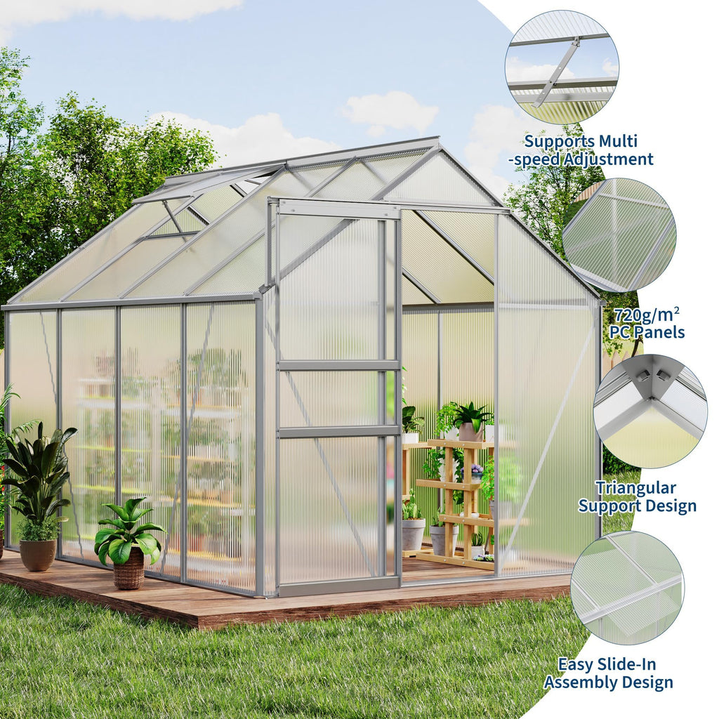 Garvee 6 x 8 FT Polycarbonate Greenhouse with Aluminum Frame, Sliding Door & Adjustable Roof Vent, Heavy-Duty Outdoor Greenhouse for Backyard, Garden, Patio