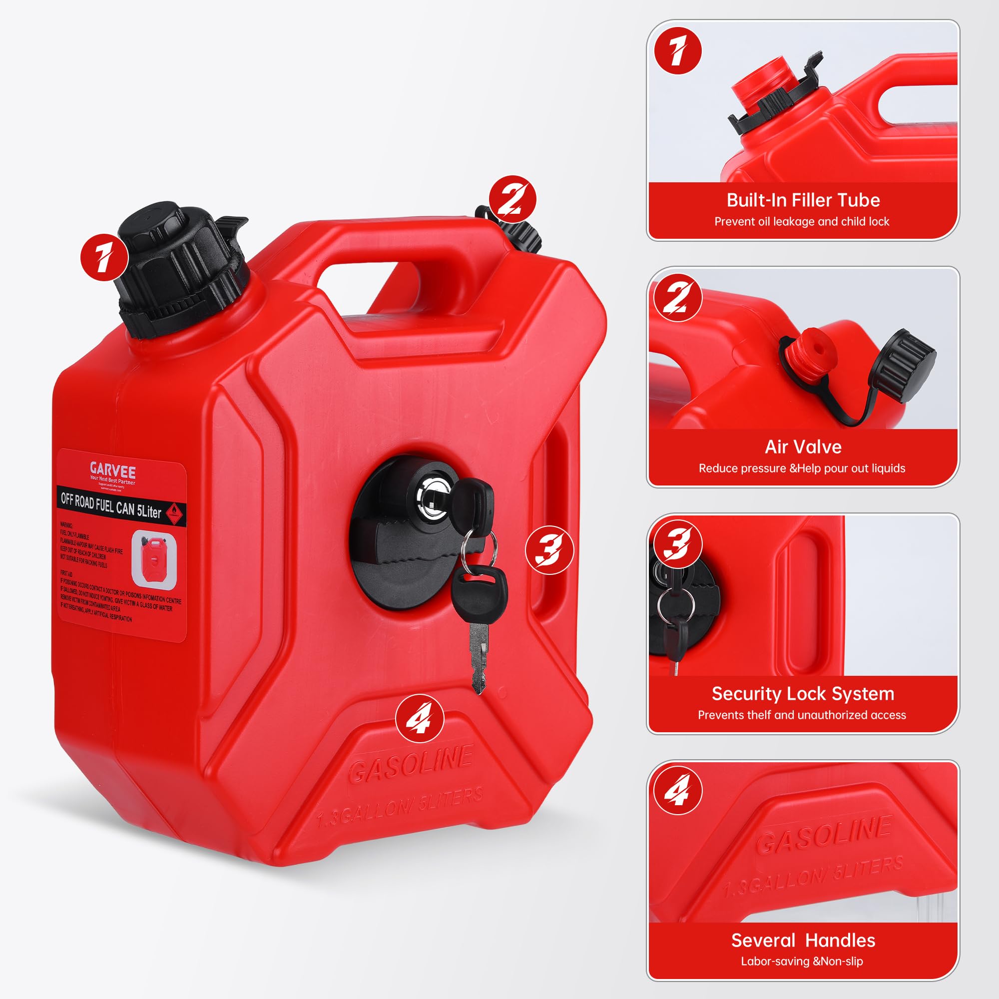 Garvee Secure 5L Portable Gas Can with Locking Mounting Bracket – Heavy-Duty HDPE Fuel Tank for Motorcycle, ATV, UTV, Off-Road – Includes Key Lock, U-Bolt for 1" Tube – US Market, Lockable