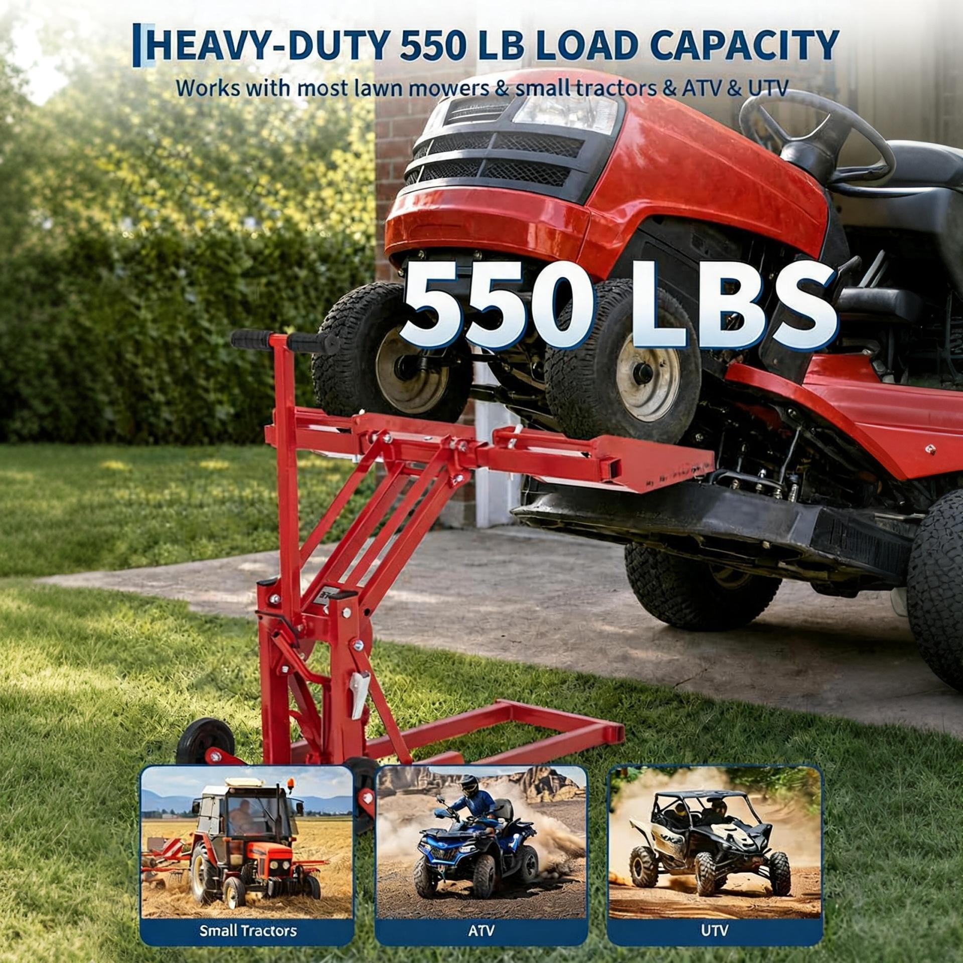 Garvee 550 lbs Heavy Duty Hydraulic Lawn Mower Lift Jack for Zero Turn & Riding Mowers, Adjustable Wheelbase 15.7"-33.8" W & Height 15"-29", Foldable Tractor Repair Hoist with 1m Straps, Red