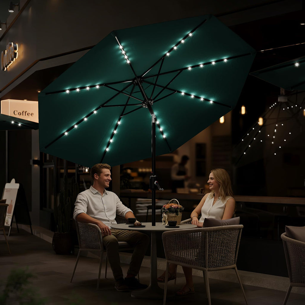 Garvee 10 FT Patio Umbrella with Solar Lights, Outdoor Table Umbrella with 8 Durable Ribs, Tilt & Crank Mechanism, Waterproof & UV Protection for Garden, Backyard, Poolside, Light Blue