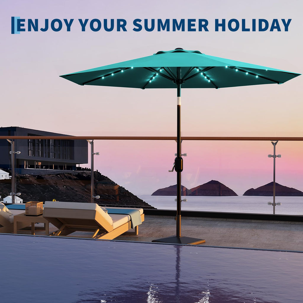 Garvee 9FT Solar LED Patio Umbrella with 32 Lights, Tilt & Crank Outdoor Market Umbrella, UV & Water Resistant, 8 Ribs Sunshade for Garden, Deck, Pool & Table, Light Blue