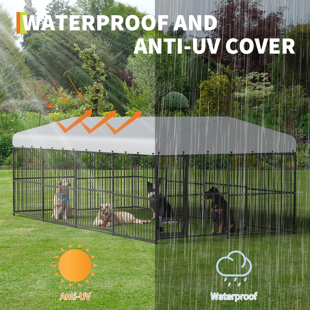 Garvee Outdoor Heavy Duty Large Dog Kennel, Walk-in Dog Cage with Metal Gate & Secure Lock, Large Dog Enclosure with Waterproof Roof, Includes Feeding Doors & Bowls for Backyard, 10x20x6 ft