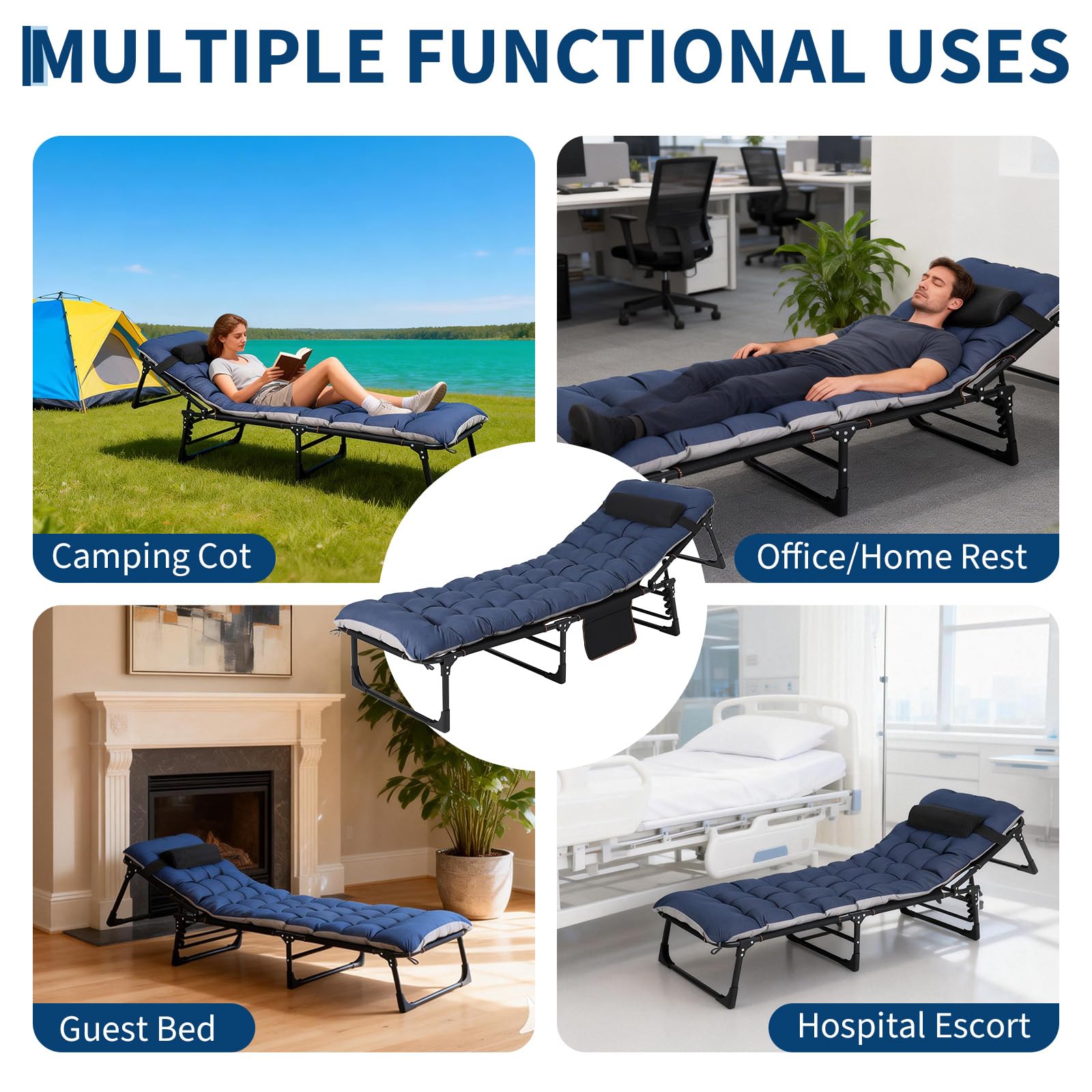 Garvee 75" Folding Camping Cot with Thick Mattress, 8-Leg Rectangular Adjustable Lounge Chair with Headrest Pillow & Side Pocket, Heavy Duty Foldable Guest Bed for Indoor Office & Outdoor Travel - Blue