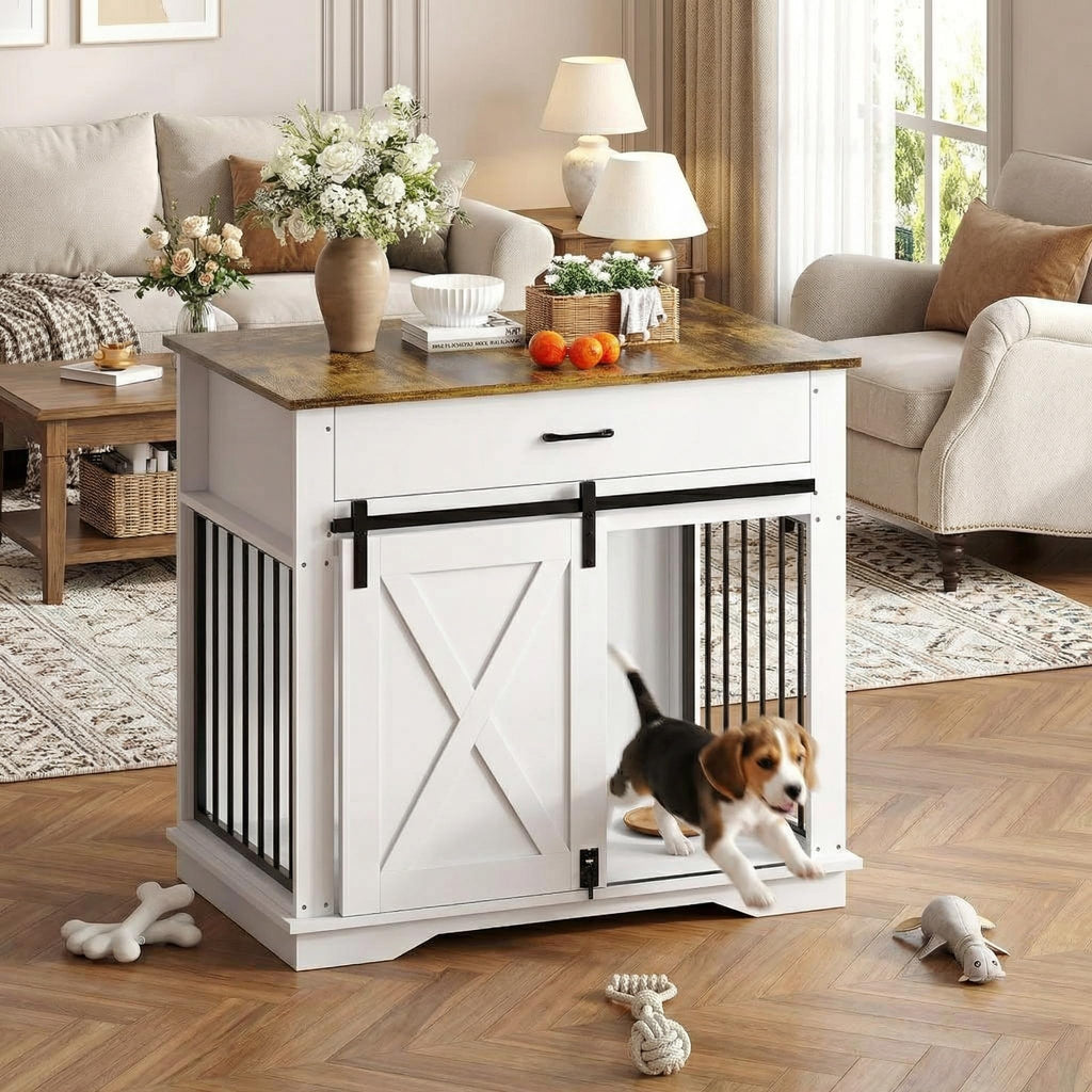 Garvee 38" Dog Crate Furniture, Wooden Dog Furniture with Sliding Door and Drawer, 2 in 1 Indoor Pet House and Side End Table for Small to Medium Dogs, White