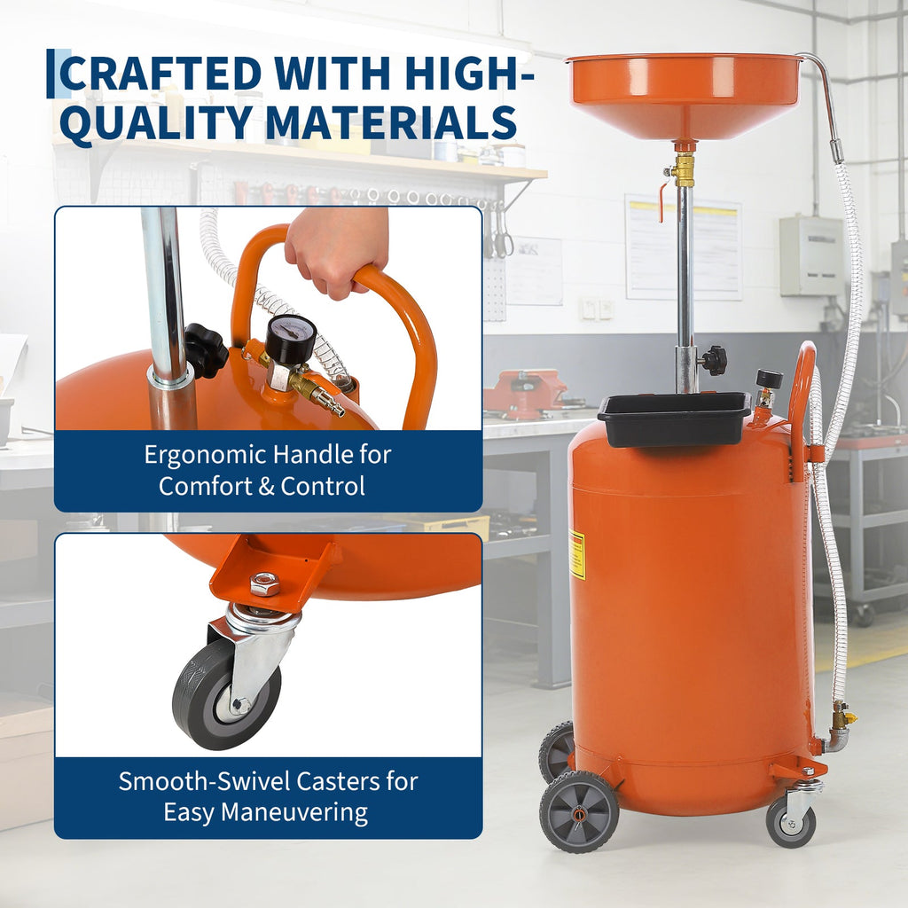Garvee 20 Gallon Waste Oil Drain Tank with Adjustable Funnel, Air-Operated, Heavy-Duty Steel, Rust-Resistant, Portable with Casters, for Auto Repair Shops