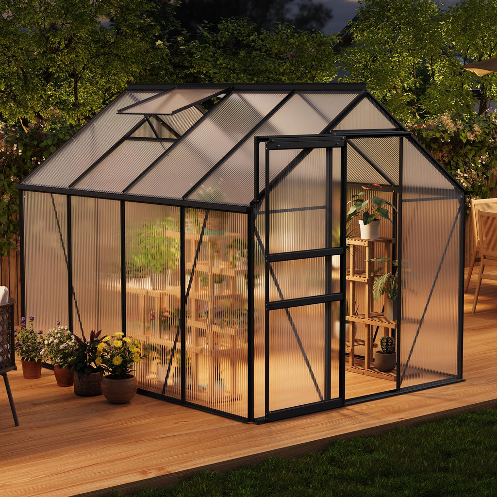 Garvee 6 x 8 FT Polycarbonate Greenhouse with Aluminum Frame, Sliding Door & Adjustable Roof Vent, Heavy-Duty Outdoor Greenhouse for Backyard, Garden, Patio