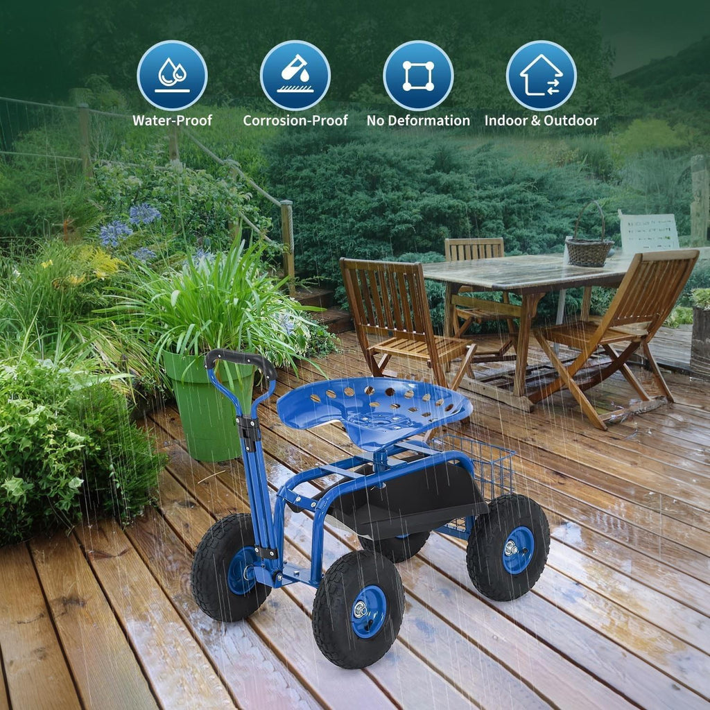 Garvee Blue Rolling Garden Work Seat with Wheels, 360° Swivel Gardening Cart with Extendable Steering Handle, Tool Tray, Storage Basket & 10" Inflatable Tires, 400 lb Capacity Garden Scooter for Yard, Patio & Outdoor Use