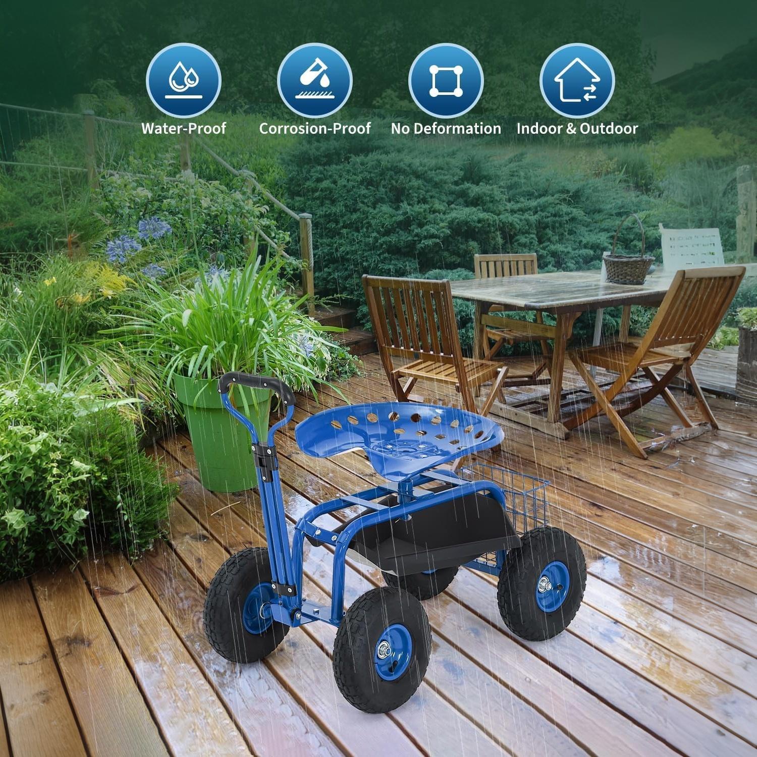 Garvee Blue Rolling Garden Work Seat with Wheels, 360° Swivel Gardening Cart with Extendable Steering Handle, Tool Tray, Storage Basket & 10" Inflatable Tires, 400 lb Capacity Garden Scooter for Yard, Patio & Outdoor Use