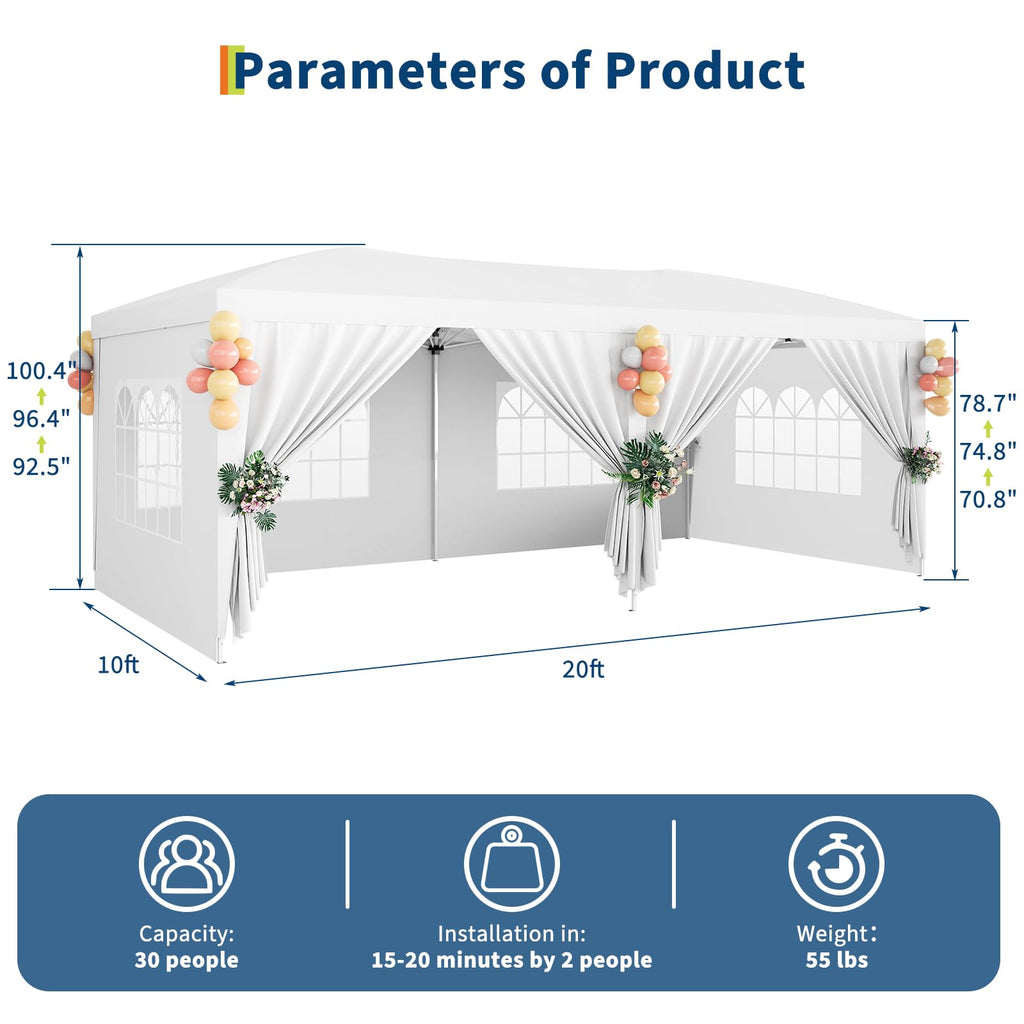 Garvee 10x20 ft Commercial Pop Up Canopy Tent, 200 Sq Ft Heavy Duty Steel Frame Outdoor Shelter with 6 Removable Sidewalls, UPF 50+ Waterproof Cover, White