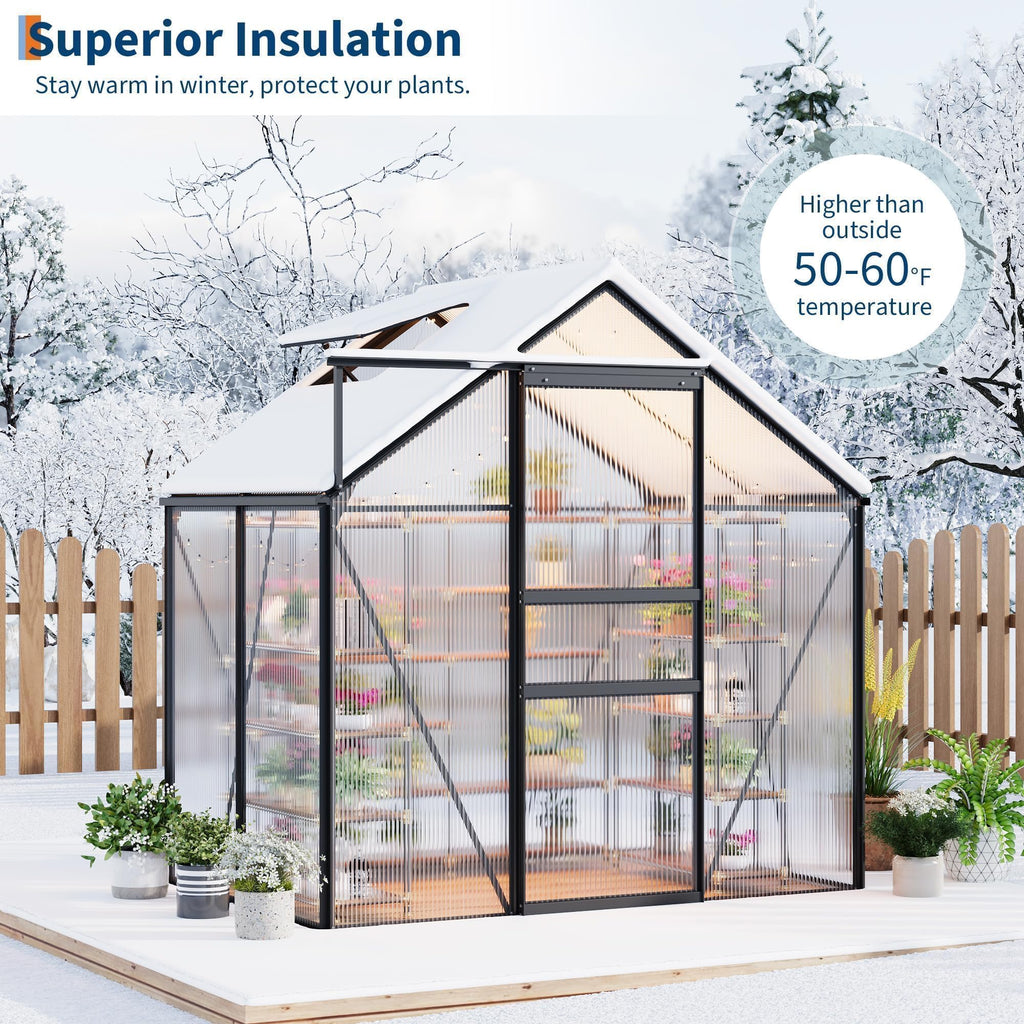Garvee Heavy-Duty Polycarbonate Walk-in Greenhouse for Backyard, Patio, Garden – Aluminum Frame, Sliding Door, Roof Vent, Rain Gutter, High Light Transfer, All-Weather Protection – 6x4FT, Black Oxide
