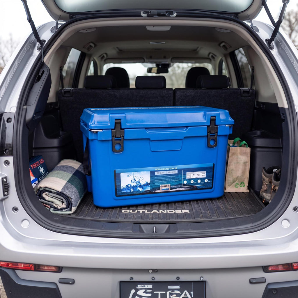 Garvee Extra-Thick Insulated Camping Cooler 45qt - Portable Ice Chest Keeps Ice Up to 7 Days - Strap & Handle - Ideal for Food, Drinks, Beach, Picnic, Fishing, Boating - Blue - KUER-F-45 Blue 280C blue