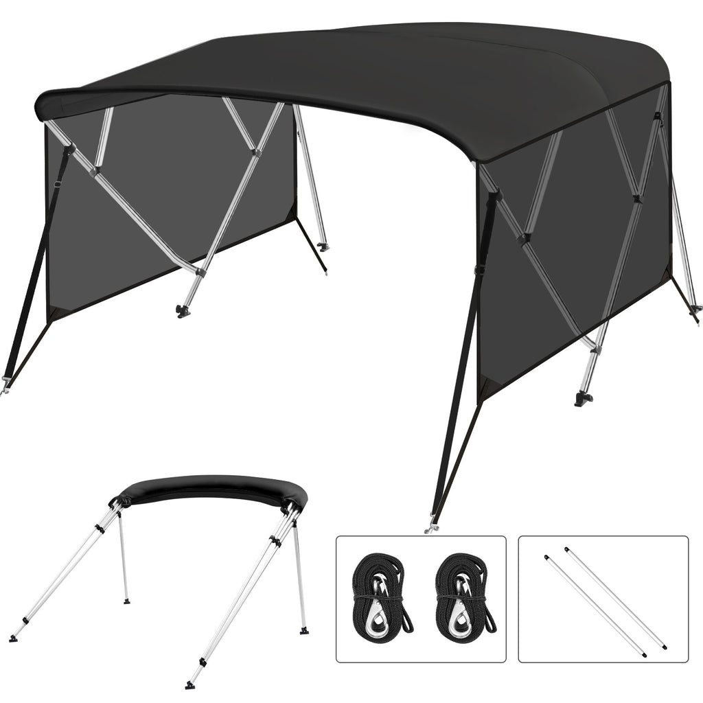 Garvee 4 Bow Bimini Top for Boats – Marine-Grade 600D PU-Coated Canvas, Translucent Side Curtains, 1" Aluminum Frame, Zippered Side Panels, Straps, Rear Support Poles – Black – Size: 8'L x 54"H x 67"-72"W – Black (translucent side curtain version)