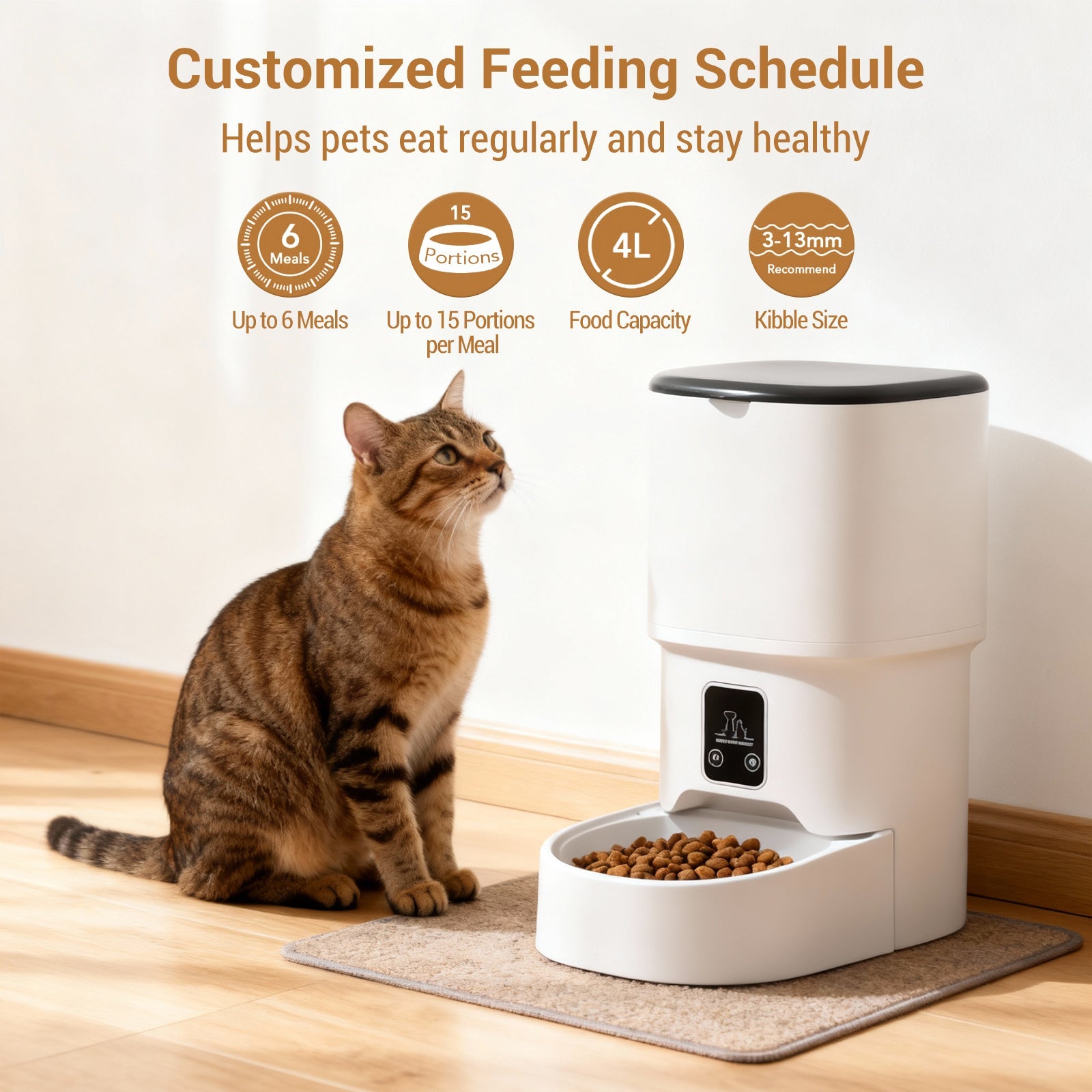 Garvee Automatic Dog & Cat Feeder 4L, Programmable Up to 6 Timed Meals, Portion Control, Dual Power, Stainless Steel Bowl, Easy to Clean, Dampness-Proof, Smart Food Dispenser, White