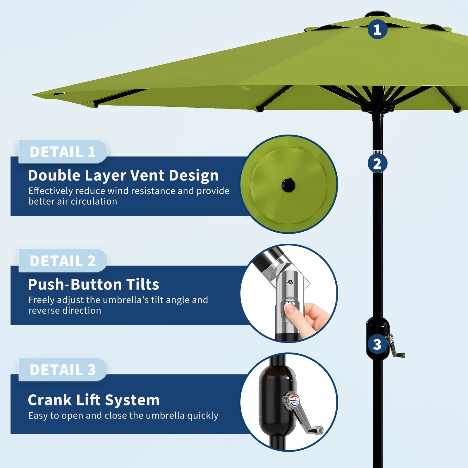 Garvee 9 ft Outdoor Patio Umbrella with 8 Sturdy Ribs, Crank Lift, Push-Button Tilt & UV-Resistant Waterproof Canopy for Pool, Deck, Yard & Garden, Grass Green