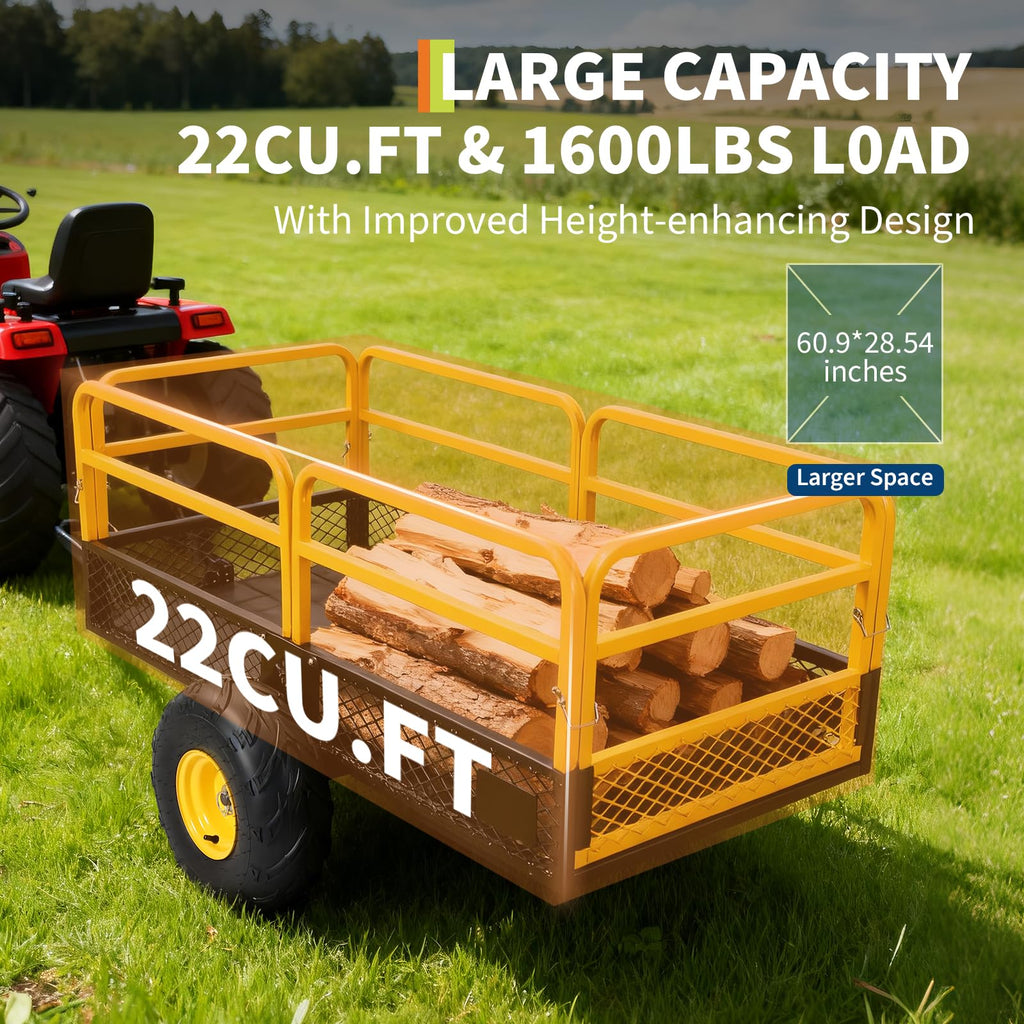 Garvee 1600 lb Tow-Behind Dump Cart, 22 Cu. Ft. ATV UTV Garden Trailer with Removable Sides, 45° Dump Bed & All-Terrain Tires, Yellow