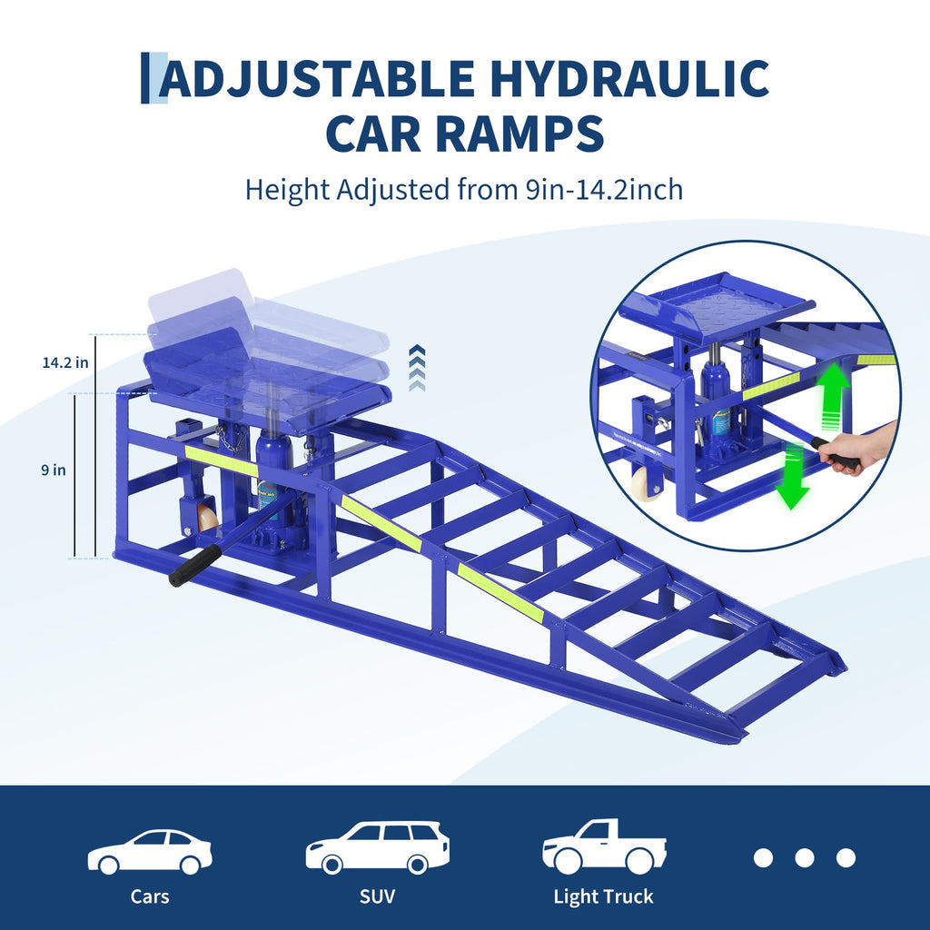 Garvee 2PC Hydraulic Car Ramps with Wheels - 5T/11,050 lbs Capacity, 9"-14.2" Lifting Range, Heavy-Duty Car Lift Ramps with Night-Reflective Stickers for Home and Garage, Blue