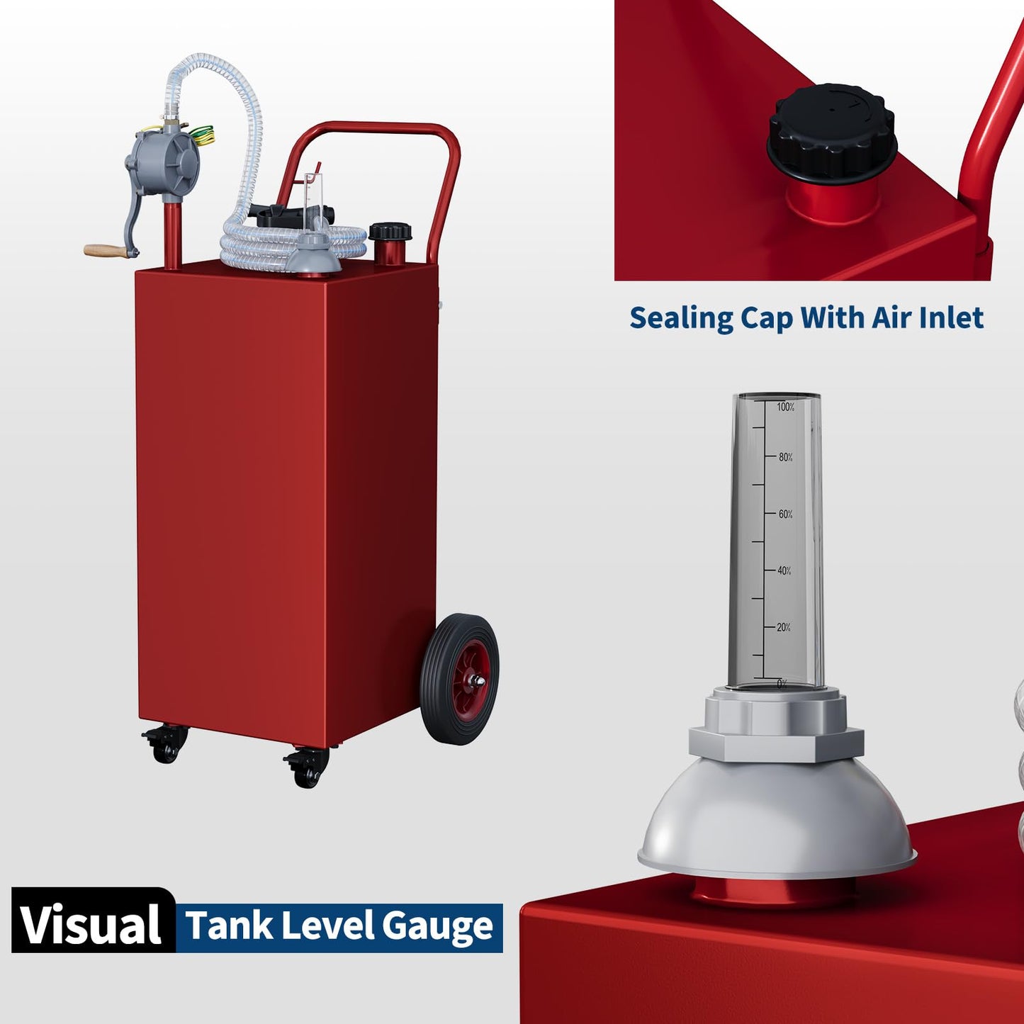 Garvee 35-Gallon Portable Fuel Tank Gasoline Diesel Storage with Manual Rotary Pump Carbon Steel Anti-Static Clamp Four Wheels for Outdoor Use, Red