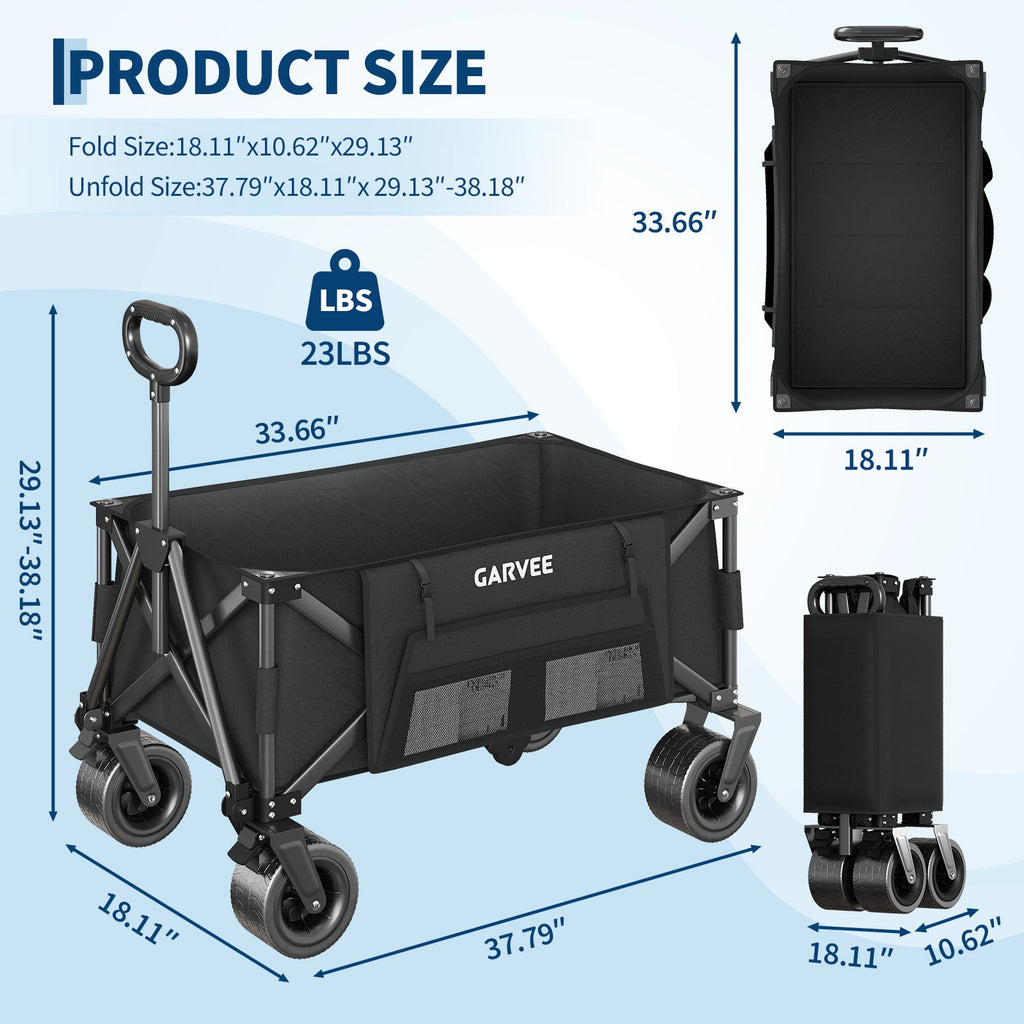 Garvee Heavy Duty Collapsible Garden Wagon Cart, 280L Large Folding Utility Wagon with 460 lb Capacity, All-Terrain Wheels, Side Pockets, Cup Holders & Storage Cover, Black